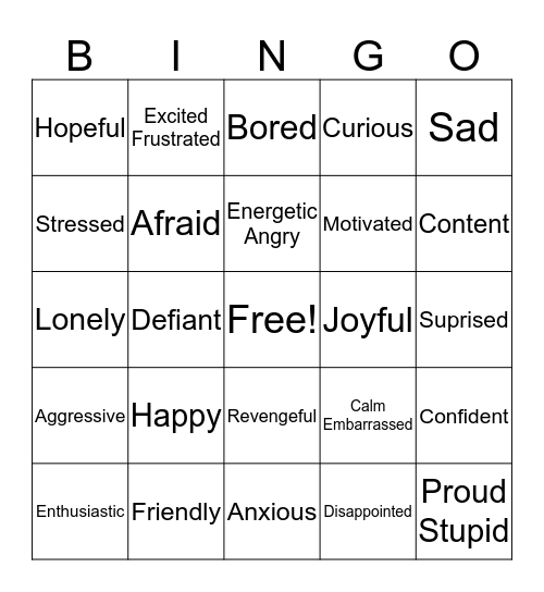 Positive and Negative Emotional words Bingo Card