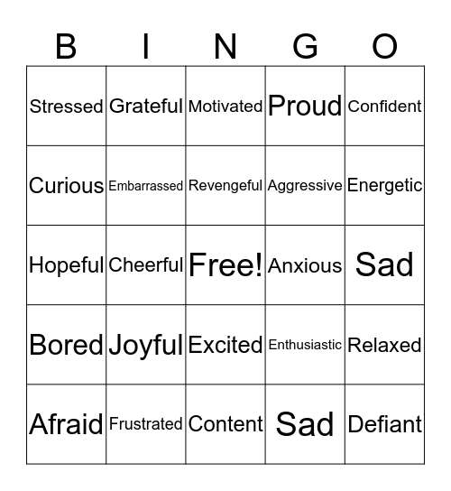 Positive and Negative Emotional words Bingo Card