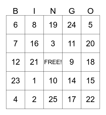 Number Bingo Card