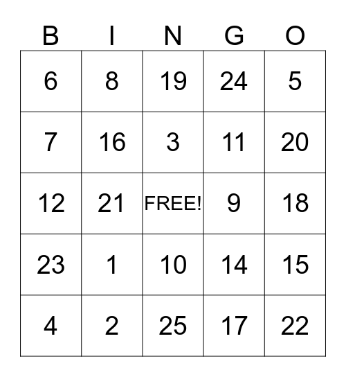 Number Bingo Card