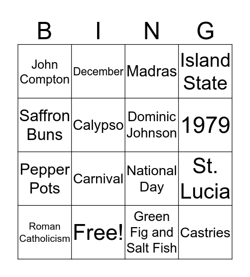St. Lucia Bingo Card