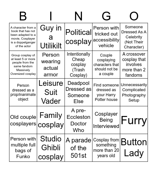 Comic Con 2019 Bingo Card