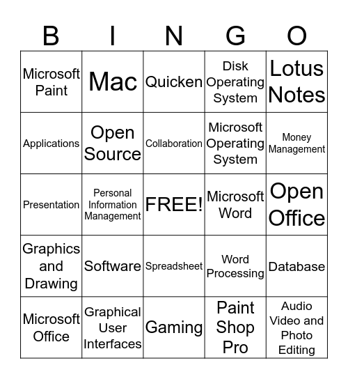 ;)  Computer Software  (; Bingo Card