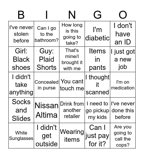 Shoplifter Bingo Card