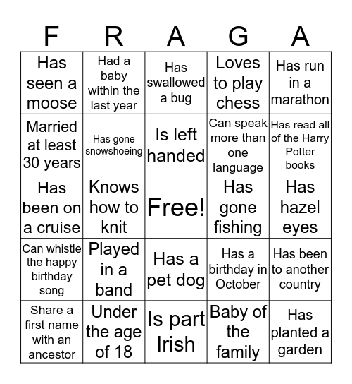 FragaFest Reunion  Bingo Card