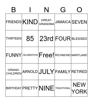 85th BIRTHDAY Bingo Card