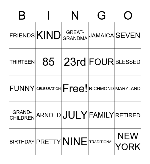 85th BIRTHDAY Bingo Card