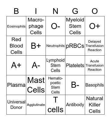 Blood Type Bingo  Bingo Card