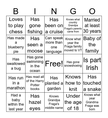 FragaFest Reunion  Bingo Card