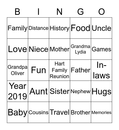 Hart Family Reunion 2019 Bingo Card