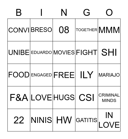 Nini' s Bingo Card