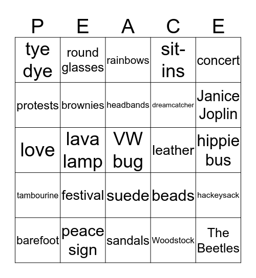 Hippie Bingo Card
