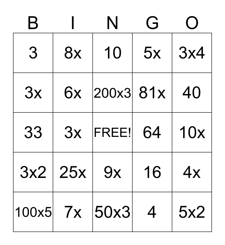 Factoring Practice Bingo Card