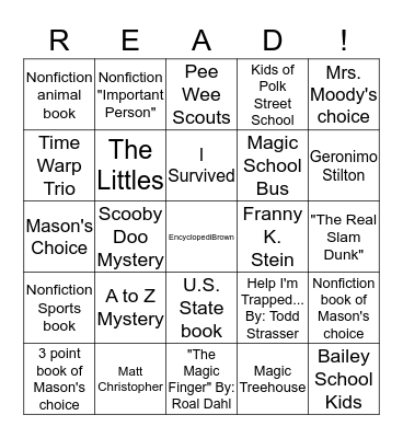 Mason's Reading Bingo Card