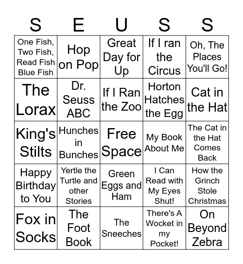 Dr. Seuss Bingo Card