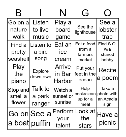 Bar Harbor Bingo Card