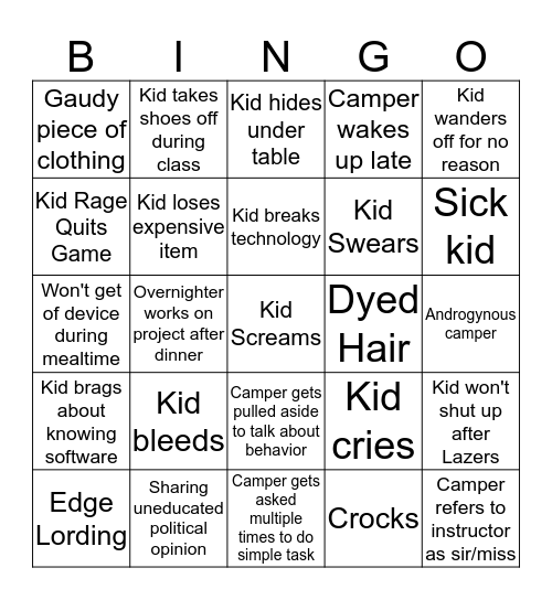 Camp Fun Bingo Card