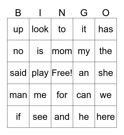 SIGHT WORDS Bingo Card