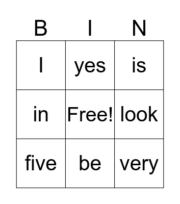 Sight Words Bingo Card