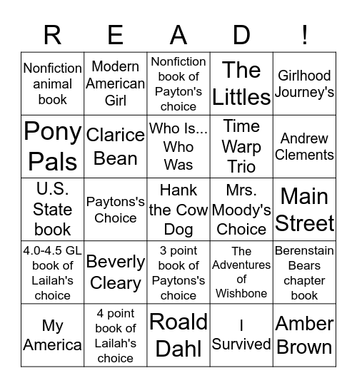 Payton's Reading Bingo Card