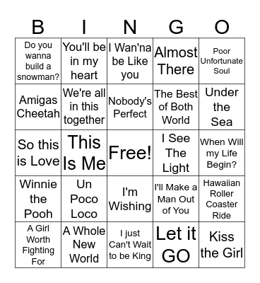 Disney Song Bingo Card