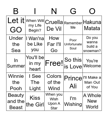 Disney Song Bingo Card
