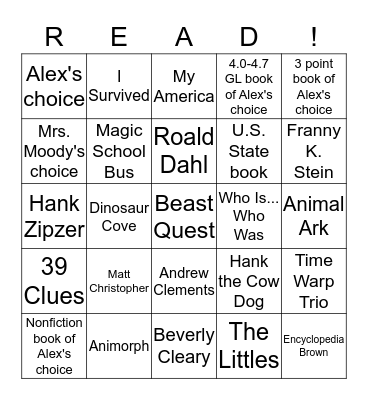 Alex's Reading Bingo Card