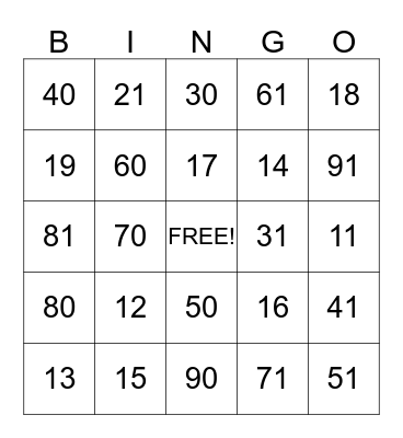 Number Bingo Card
