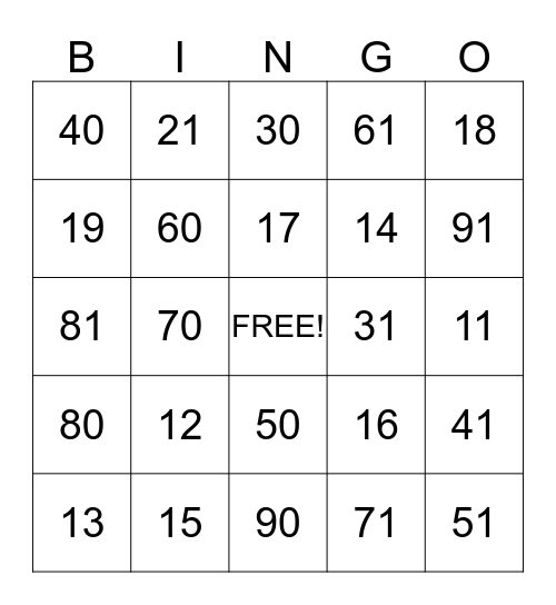 Number Bingo Card