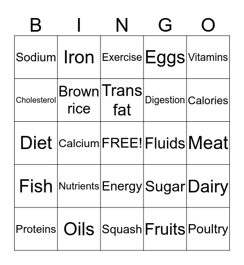 Nutrition Bingo Card