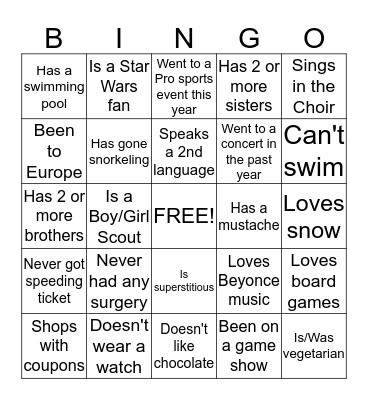 Getting to Know You! Bingo Card