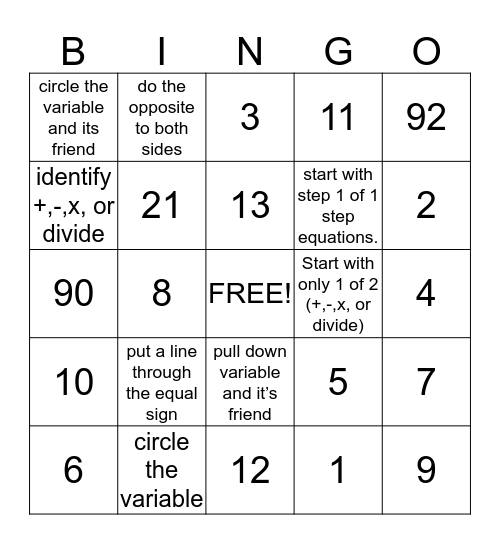 Equations Bingo Card