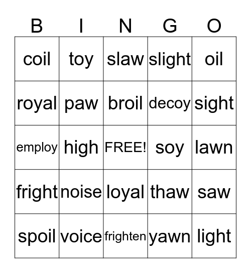 Irregular vowels- igh, aw, oi, oy Bingo Card