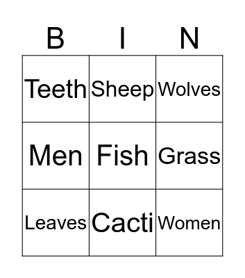 Plurals Bingo Card