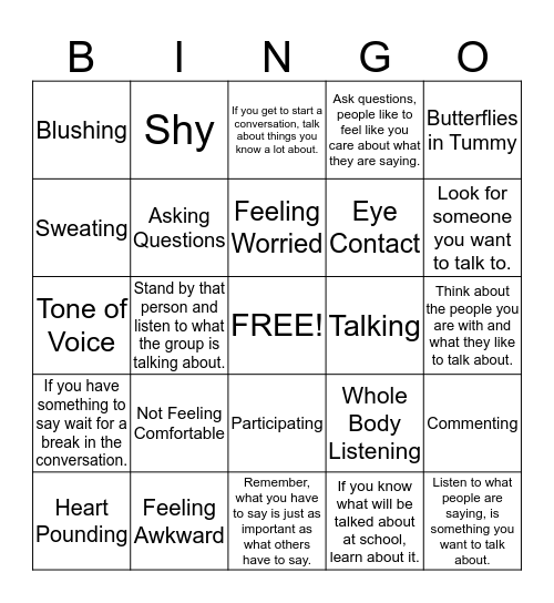SHAKING SHYNESS Bingo Card