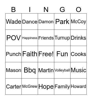 Family & Friends Funday 2019 Bingo Card