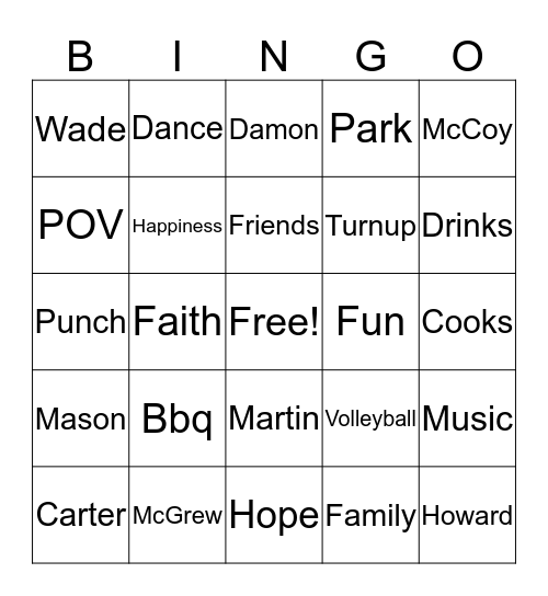 Family & Friends Funday 2019 Bingo Card