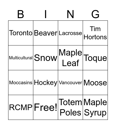 Canada Bingo Card