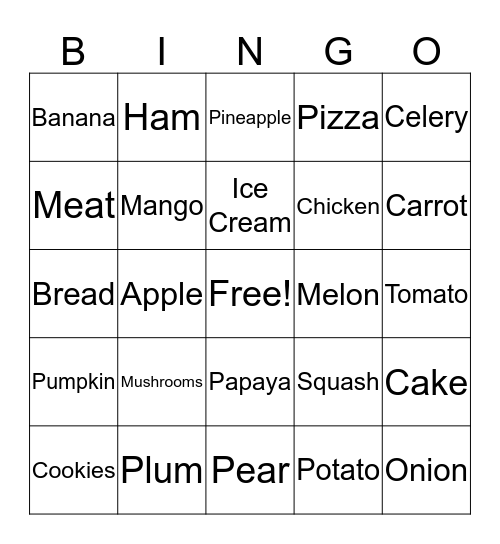 Food Bingo  Bingo Card