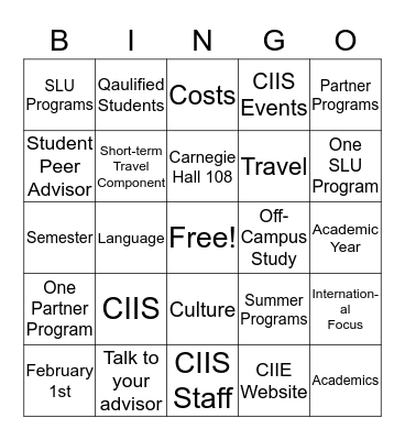 Off-Campus Study Bingo Card