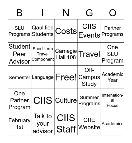 Off-Campus Study Bingo Card