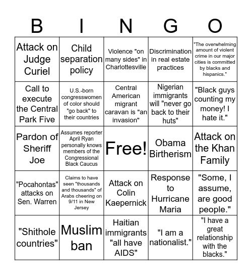 Trump Racism Bingo Card