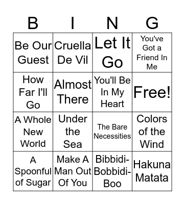 Disney Music Bingo Card