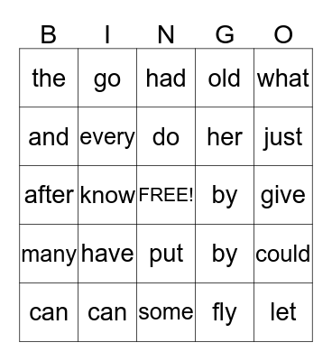 First Grade Sight Words Bingo Card