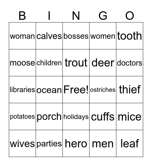 Singular and Plural Nouns  Bingo Card