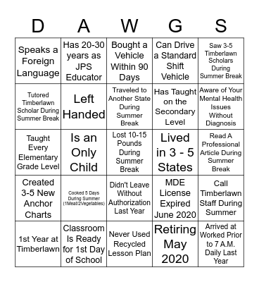 Timberlawn Bulldawgs Bingo Card