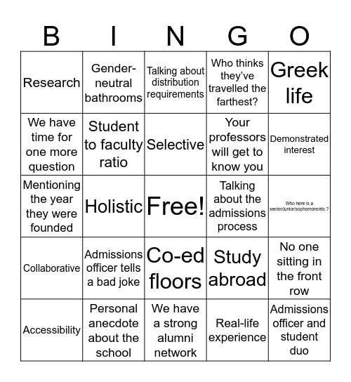 College Tour Bingo Card