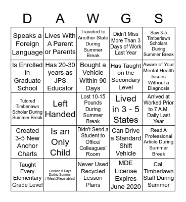 Timberlawn Bulldawgs Bingo Card