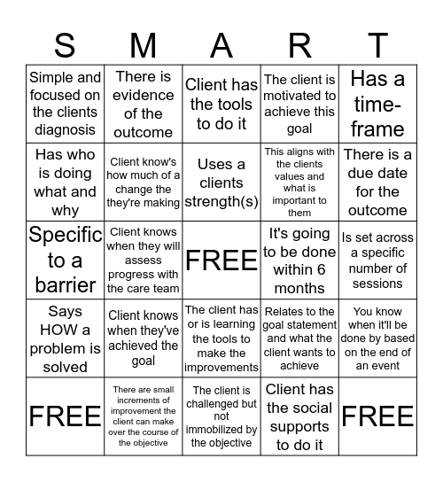 SMART Objectives Bingo Card