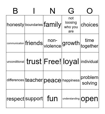 Healthy Relationships Bingo Card